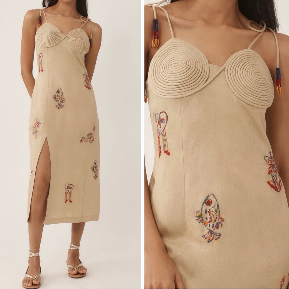 Farm Rio Textured Embroidered Linen Blend Midi Dress